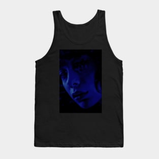 Beautiful girl face in dark blue lighting. Beautiful light tones defines shapes. Tank Top